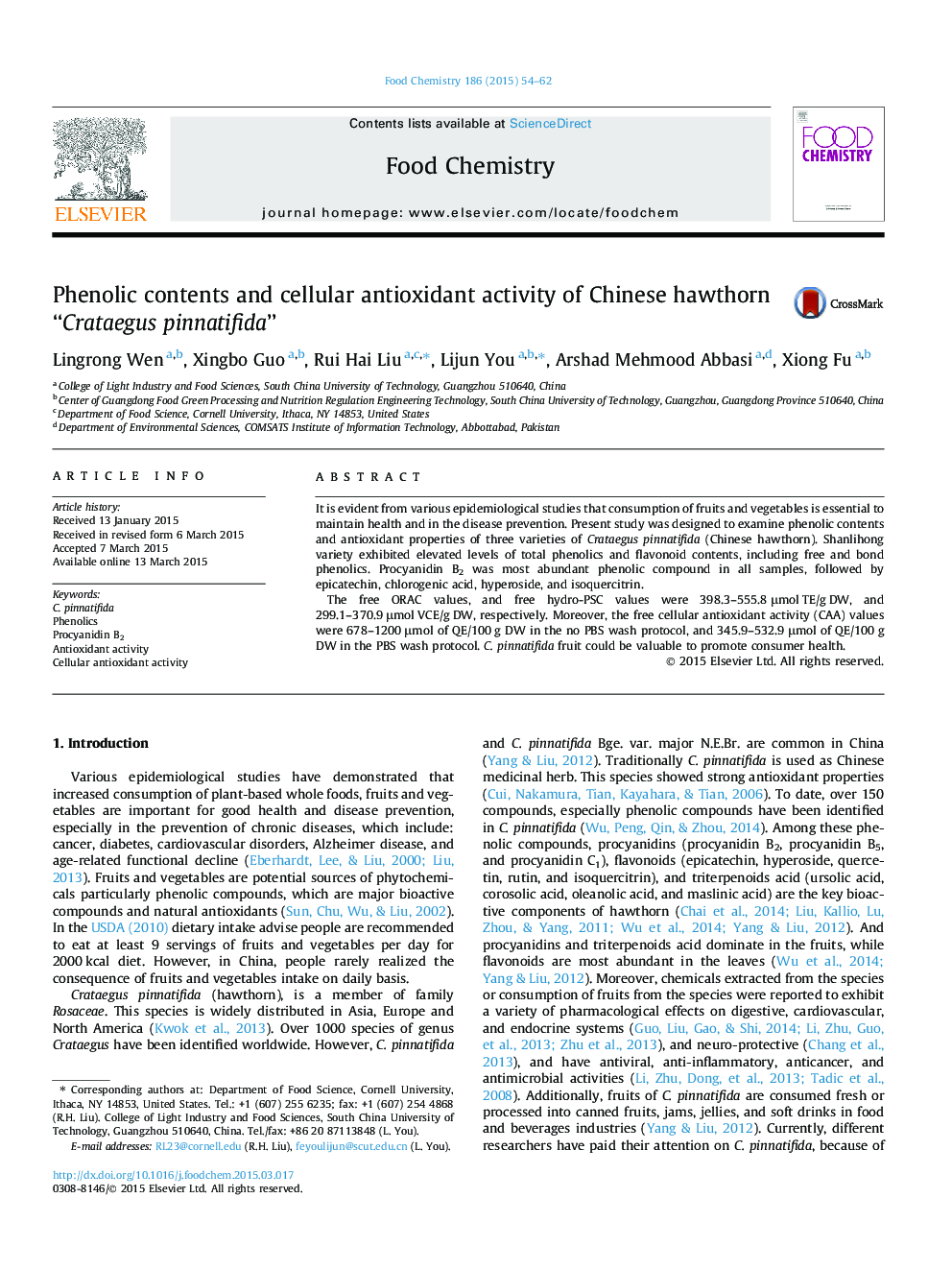 Phenolic contents and cellular antioxidant activity of Chinese hawthorn “Crataegus pinnatifida”