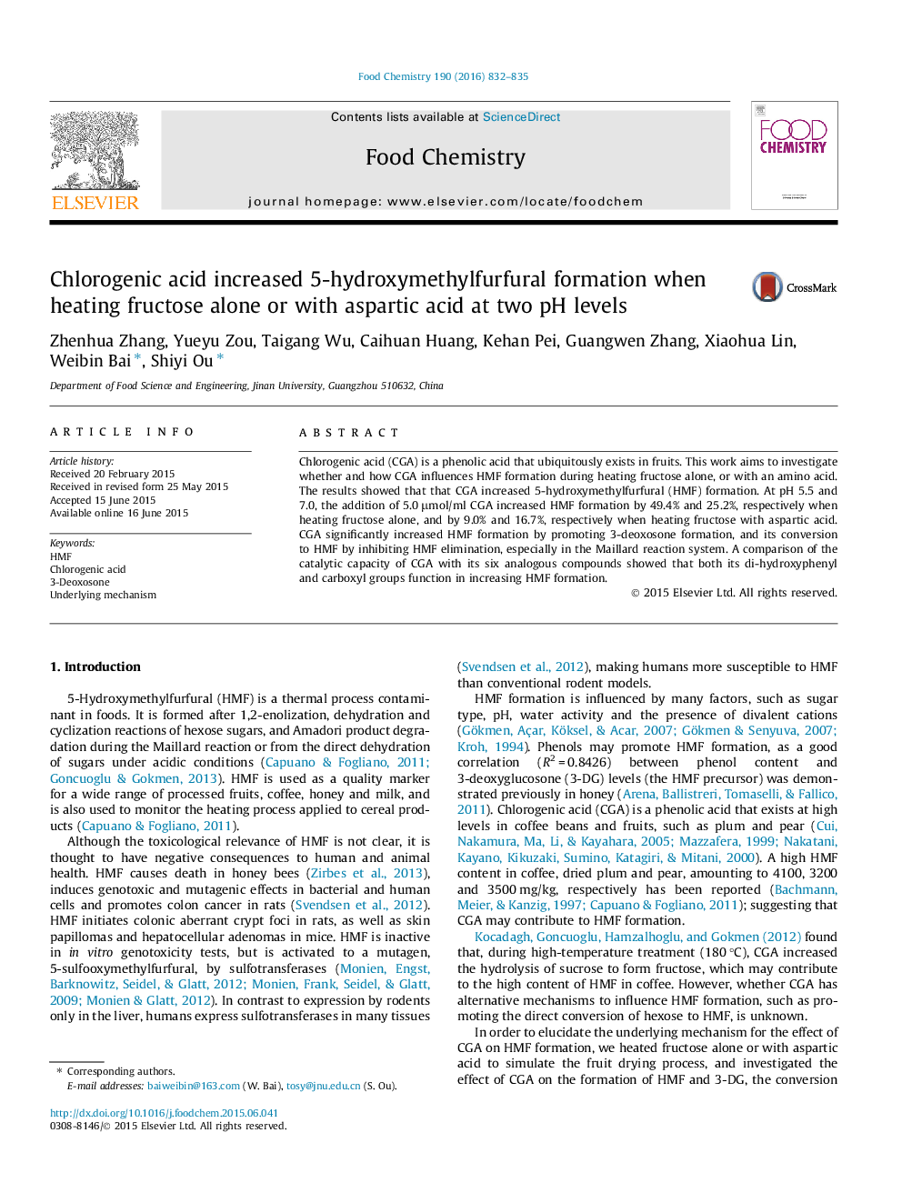 Chlorogenic acid increased 5-hydroxymethylfurfural formation when heating fructose alone or with aspartic acid at two pH levels