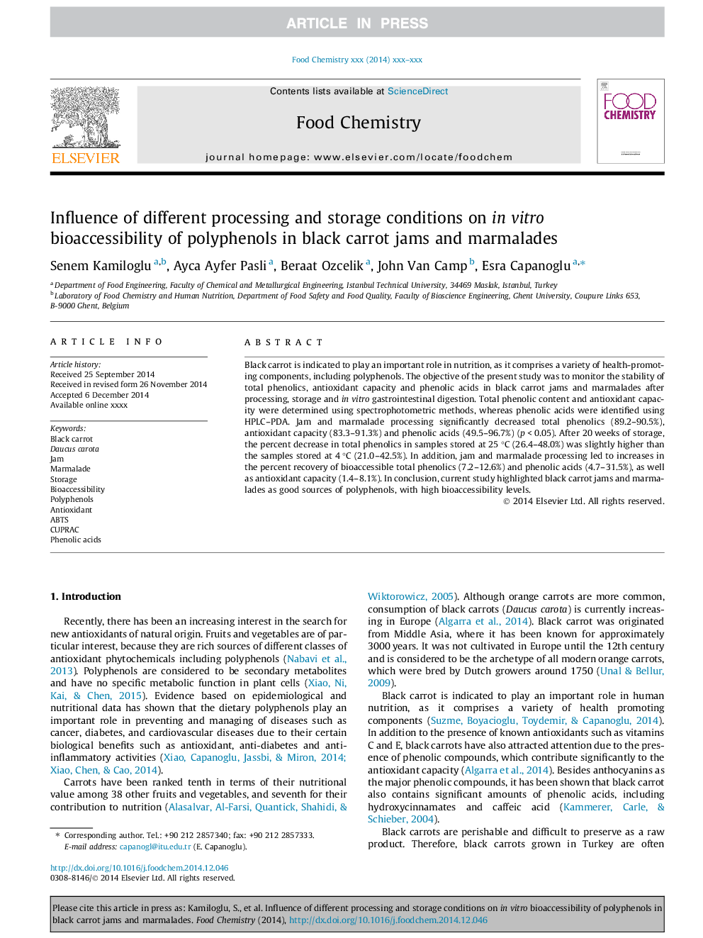 Influence of different processing and storage conditions on in vitro bioaccessibility of polyphenols in black carrot jams and marmalades