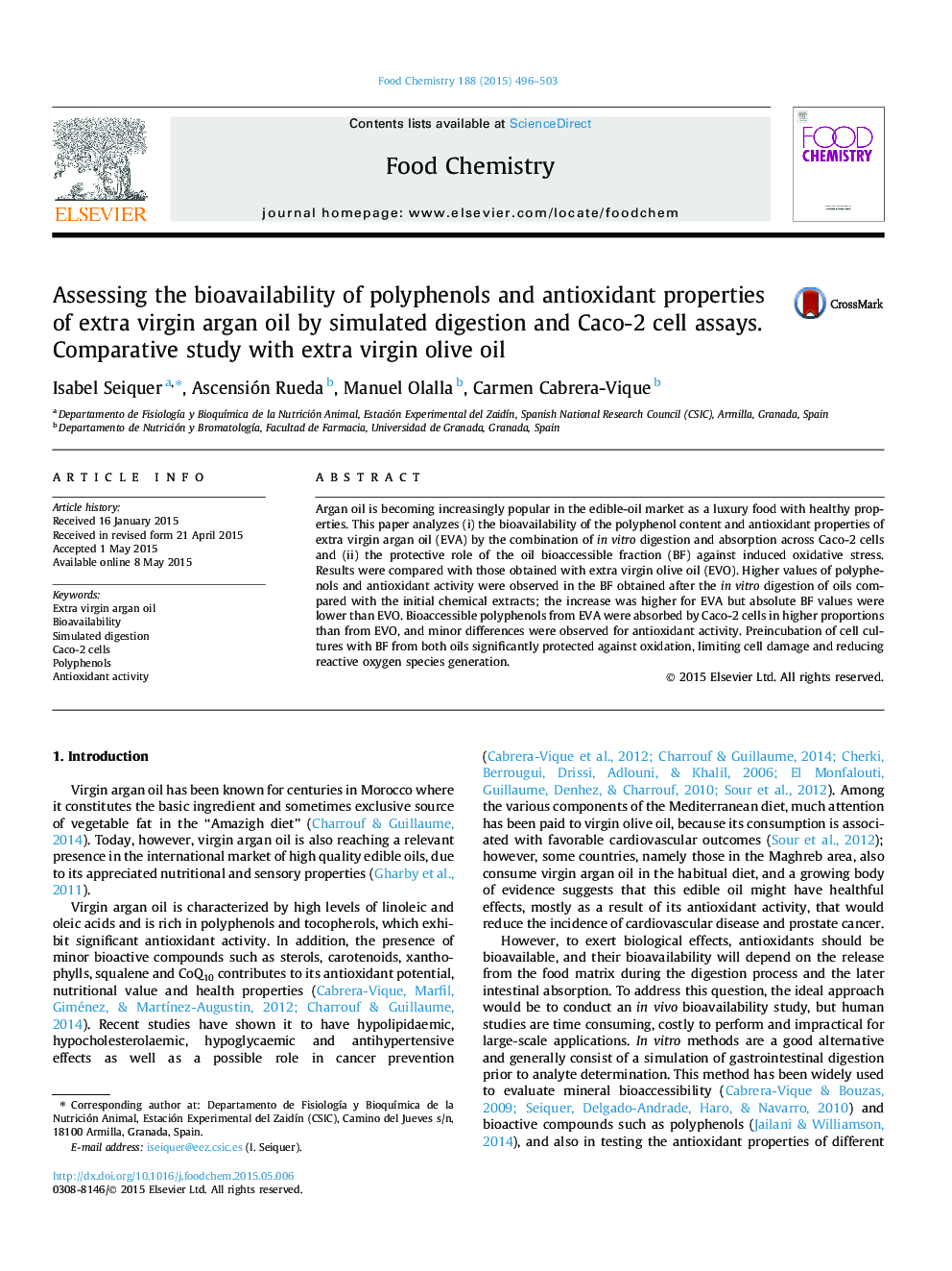 Assessing the bioavailability of polyphenols and antioxidant properties of extra virgin argan oil by simulated digestion and Caco-2 cell assays. Comparative study with extra virgin olive oil