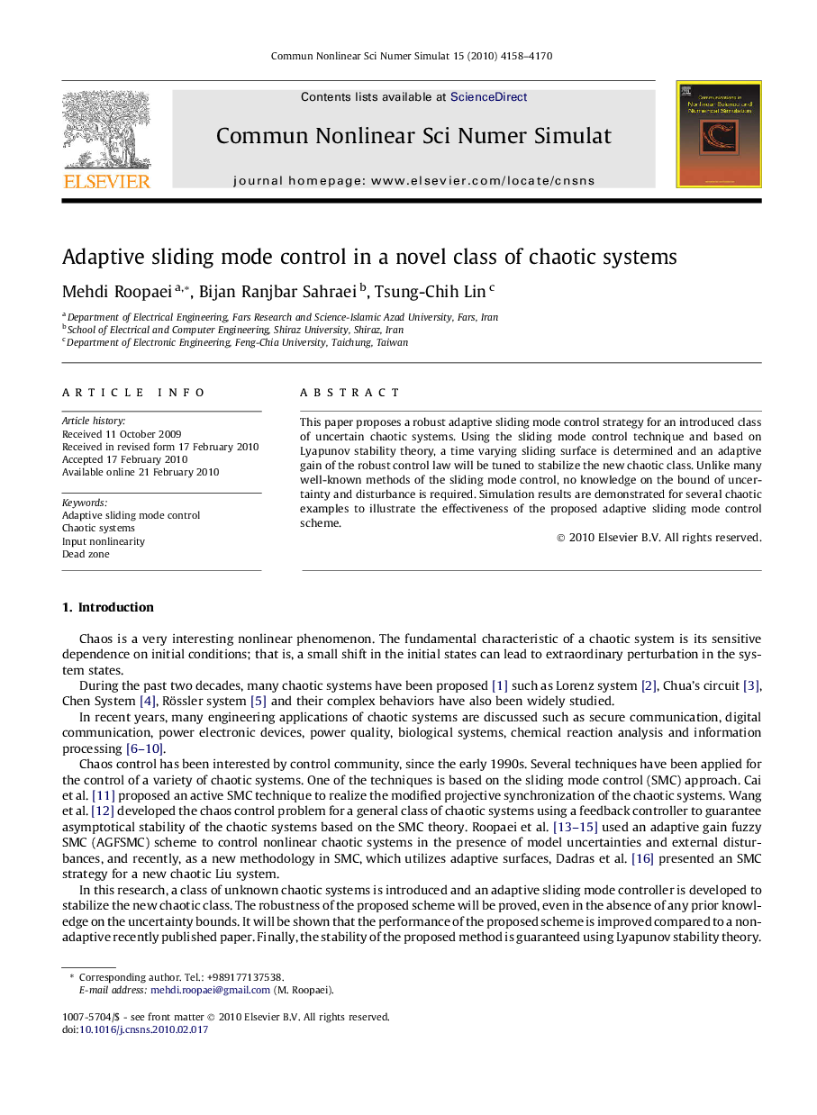 Adaptive sliding mode control in a novel class of chaotic systems