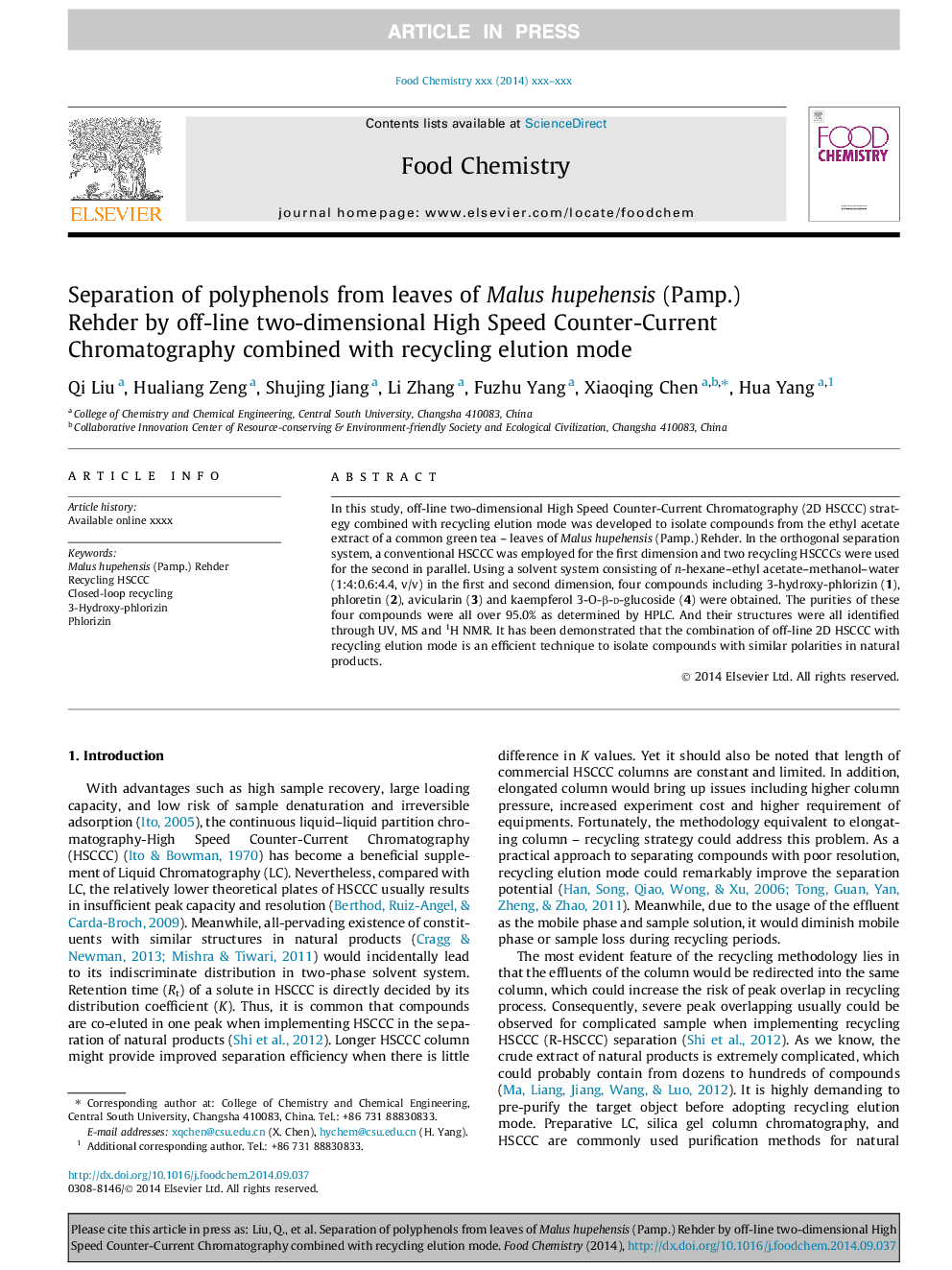 Separation of polyphenols from leaves of Malus hupehensis (Pamp.) Rehder by off-line two-dimensional High Speed Counter-Current Chromatography combined with recycling elution mode