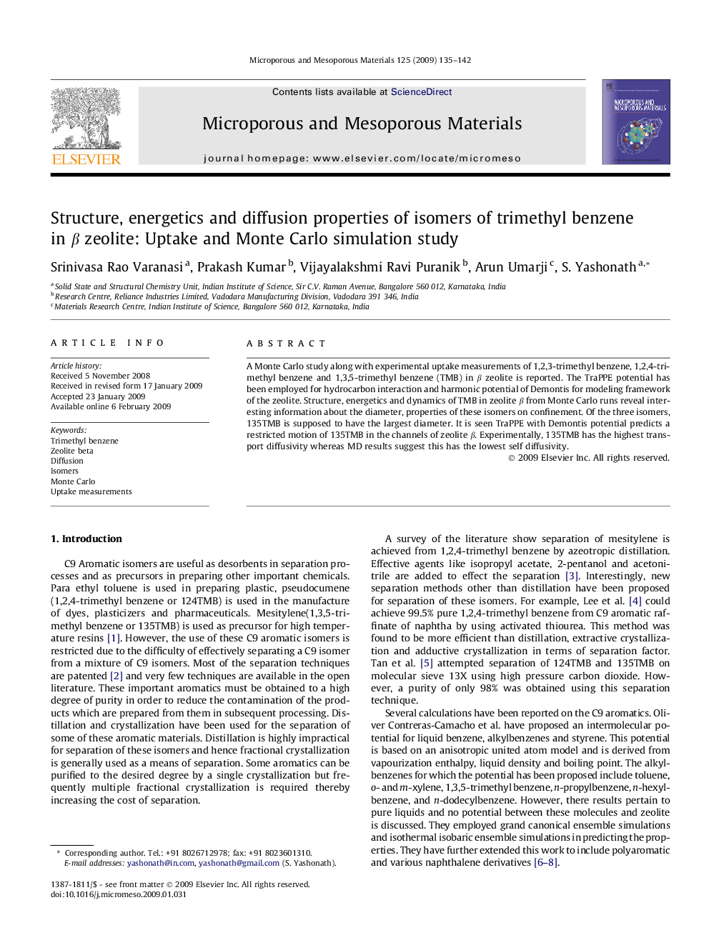 عکس صفحه اول مقاله: Structure, energetics and diffusion properties of isomers of trimethyl benzene in β zeolite: Uptake and Monte Carlo simulation study Structure, energetics and diffusion properties of isomers of trimethyl benzene in β zeolite: Uptake and Monte Carlo simulation study