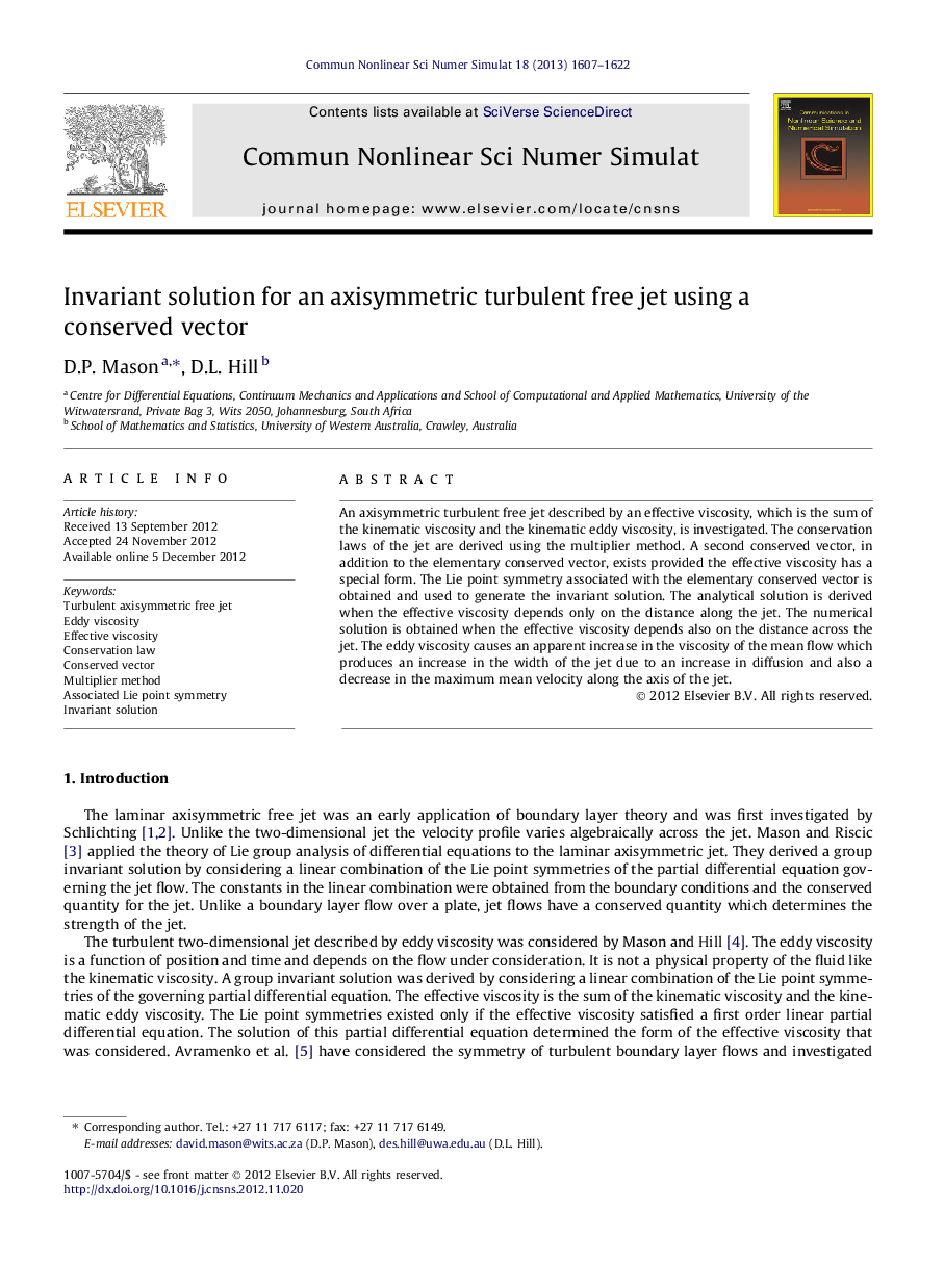 عکس صفحه اول مقاله: Invariant solution for an axisymmetric turbulent free jet using a conserved vector Invariant solution for an axisymmetric turbulent free jet using a conserved vector