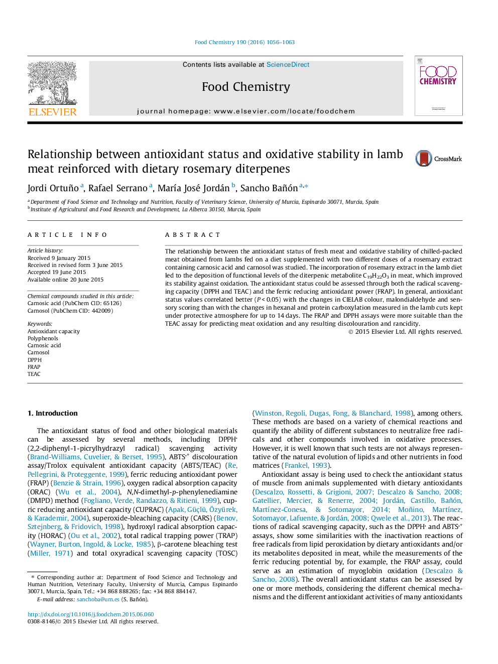 Relationship between antioxidant status and oxidative stability in lamb meat reinforced with dietary rosemary diterpenes