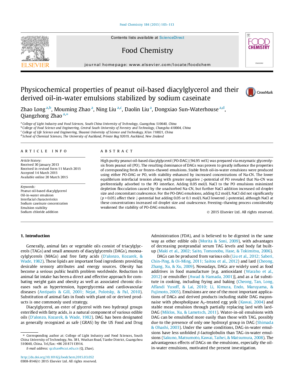 Physicochemical properties of peanut oil-based diacylglycerol and their derived oil-in-water emulsions stabilized by sodium caseinate