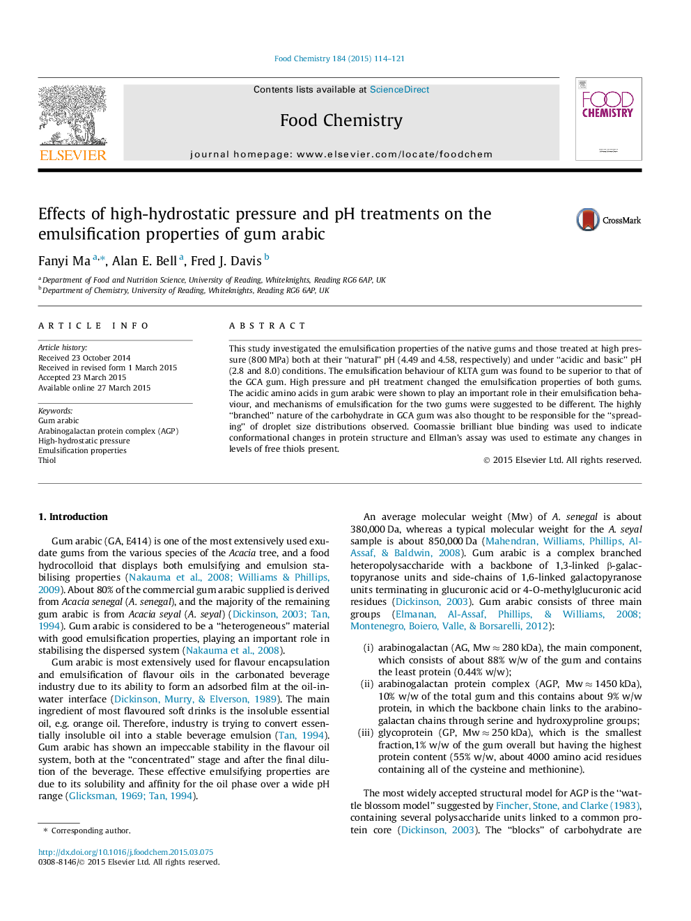 Effects of high-hydrostatic pressure and pH treatments on the emulsification properties of gum arabic