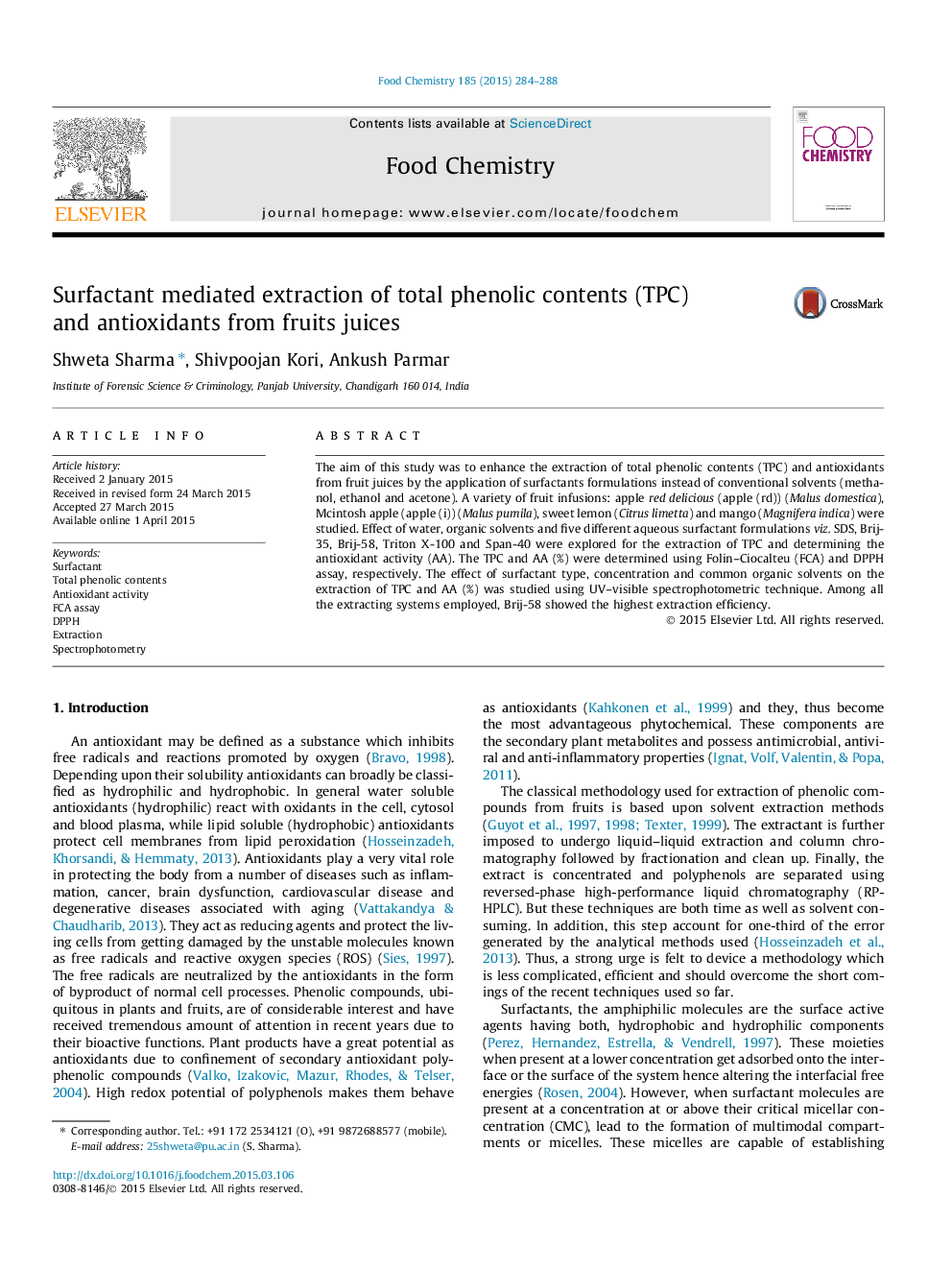 عکس صفحه اول مقاله: Surfactant mediated extraction of total phenolic contents (TPC) and antioxidants from fruits juices Surfactant mediated extraction of total phenolic contents (TPC) and antioxidants from fruits juices