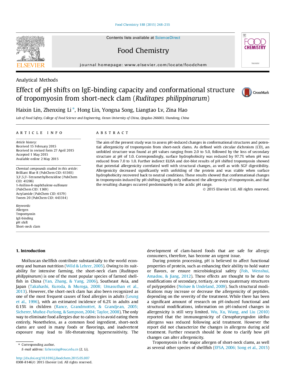 Effect of pH shifts on IgE-binding capacity and conformational structure of tropomyosin from short-neck clam (Ruditapes philippinarum)