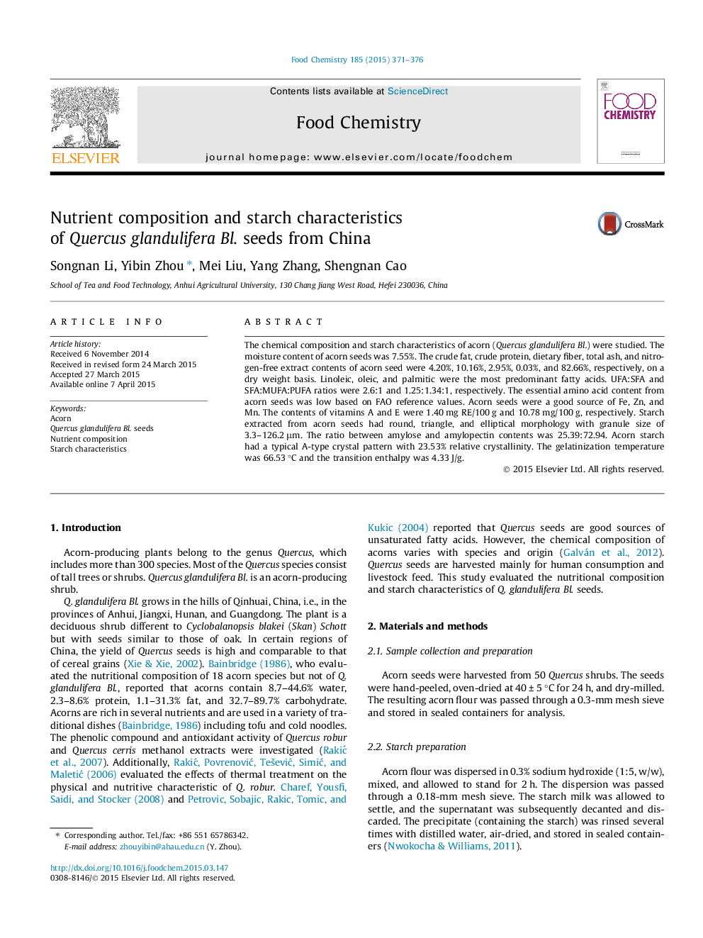 Nutrient composition and starch characteristics of Quercus glandulifera Bl. seeds from China