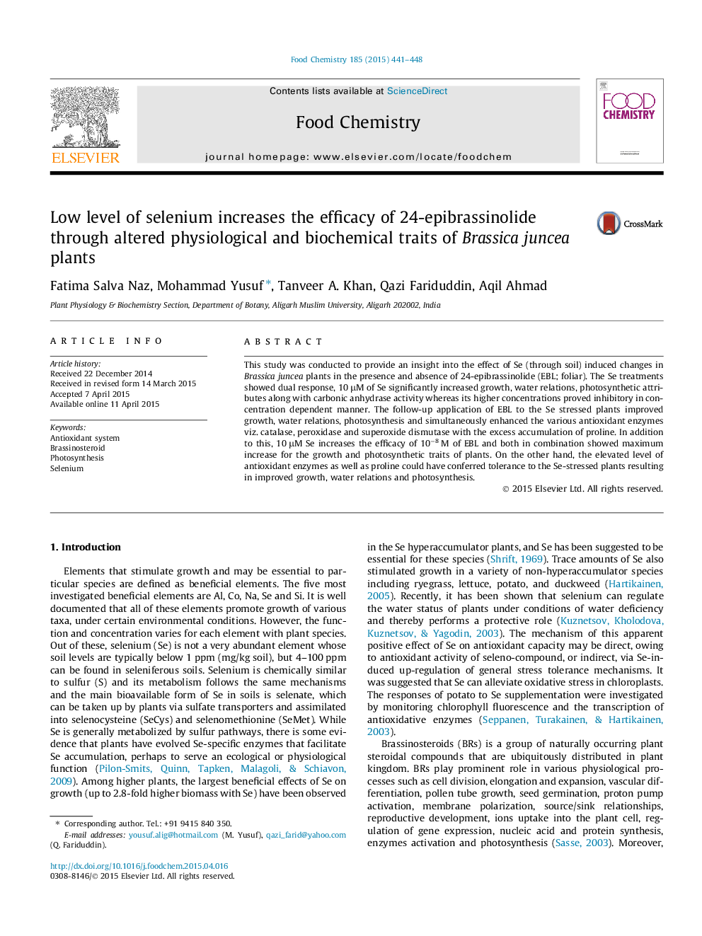 Low level of selenium increases the efficacy of 24-epibrassinolide through altered physiological and biochemical traits of Brassica juncea plants