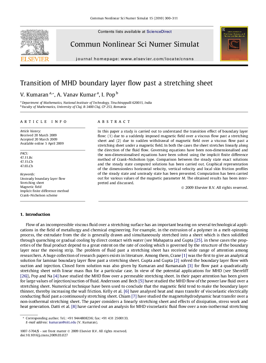 Transition of MHD boundary layer flow past a stretching sheet