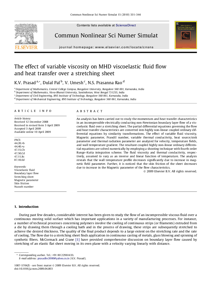 The effect of variable viscosity on MHD viscoelastic fluid flow and heat transfer over a stretching sheet