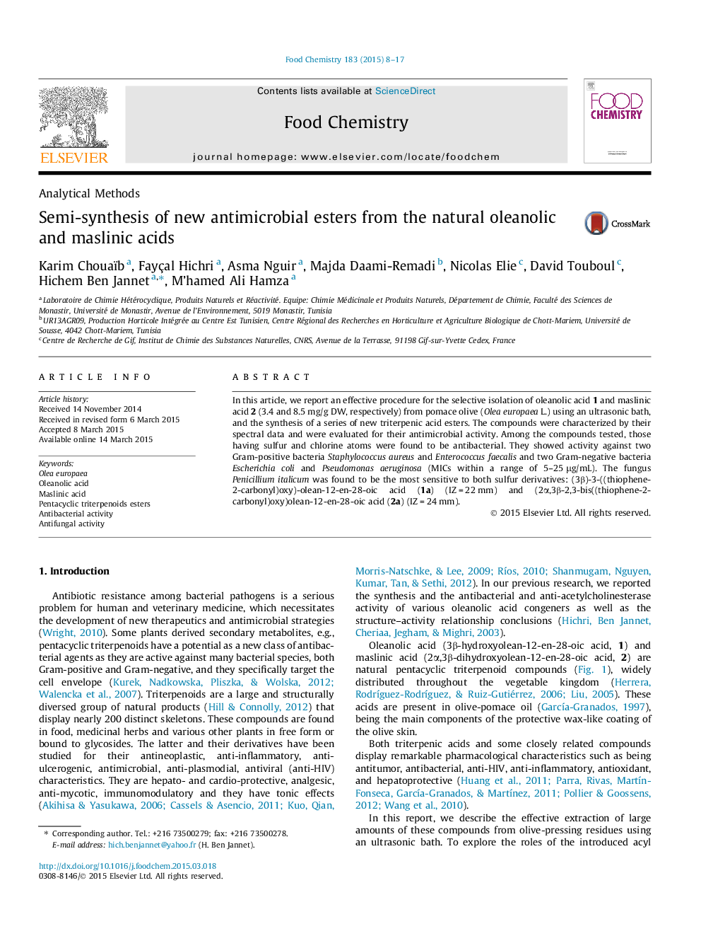 Semi-synthesis of new antimicrobial esters from the natural oleanolic and maslinic acids