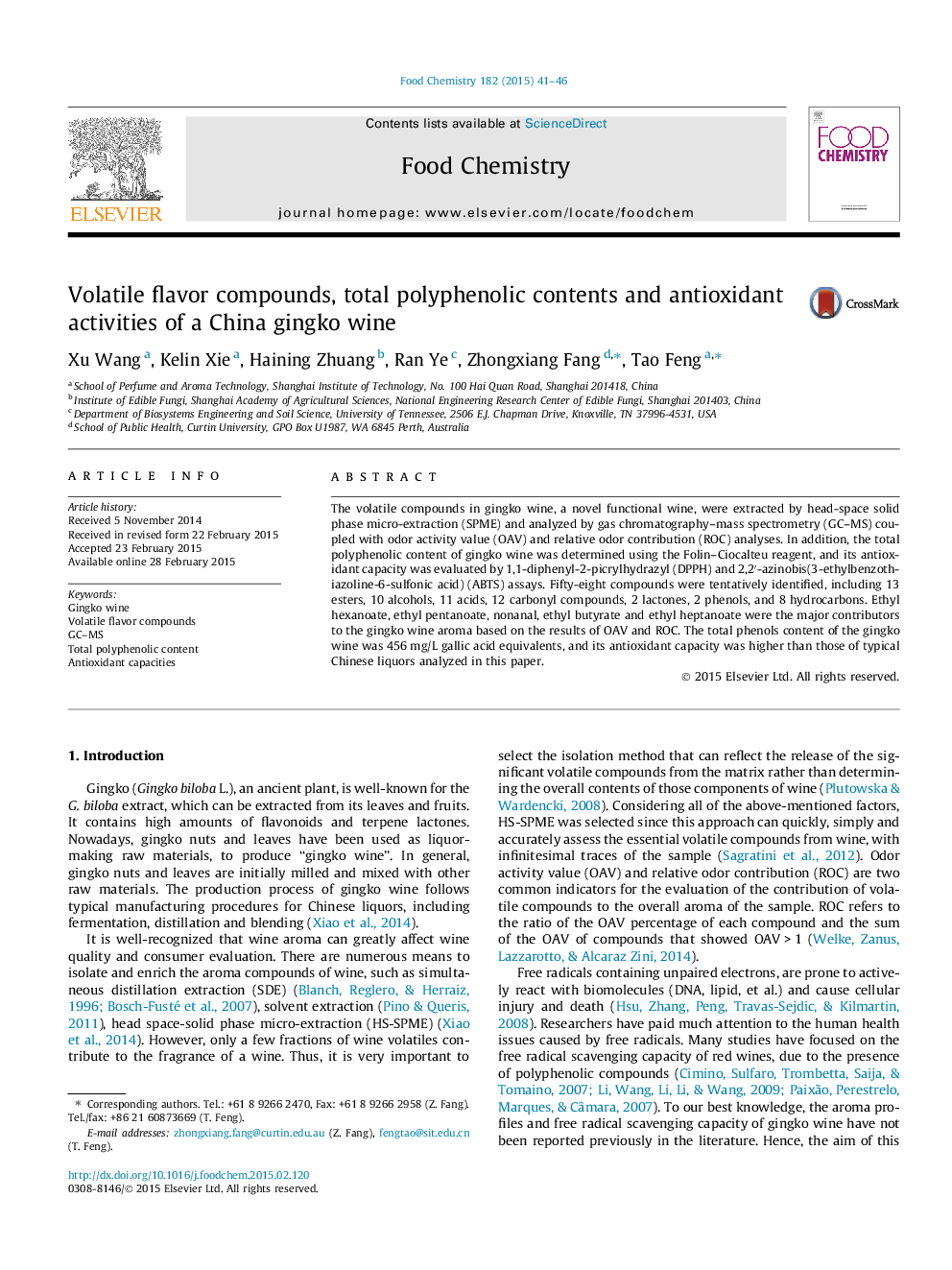 Volatile flavor compounds, total polyphenolic contents and antioxidant activities of a China gingko wine