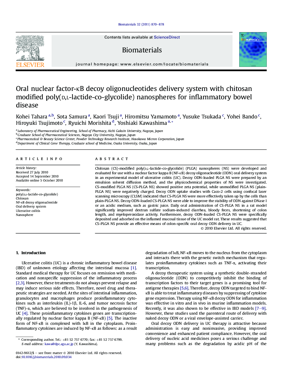 Oral nuclear factor-κB decoy oligonucleotides delivery system with chitosan modified poly(d,l-lactide-co-glycolide) nanospheres for inflammatory bowel disease