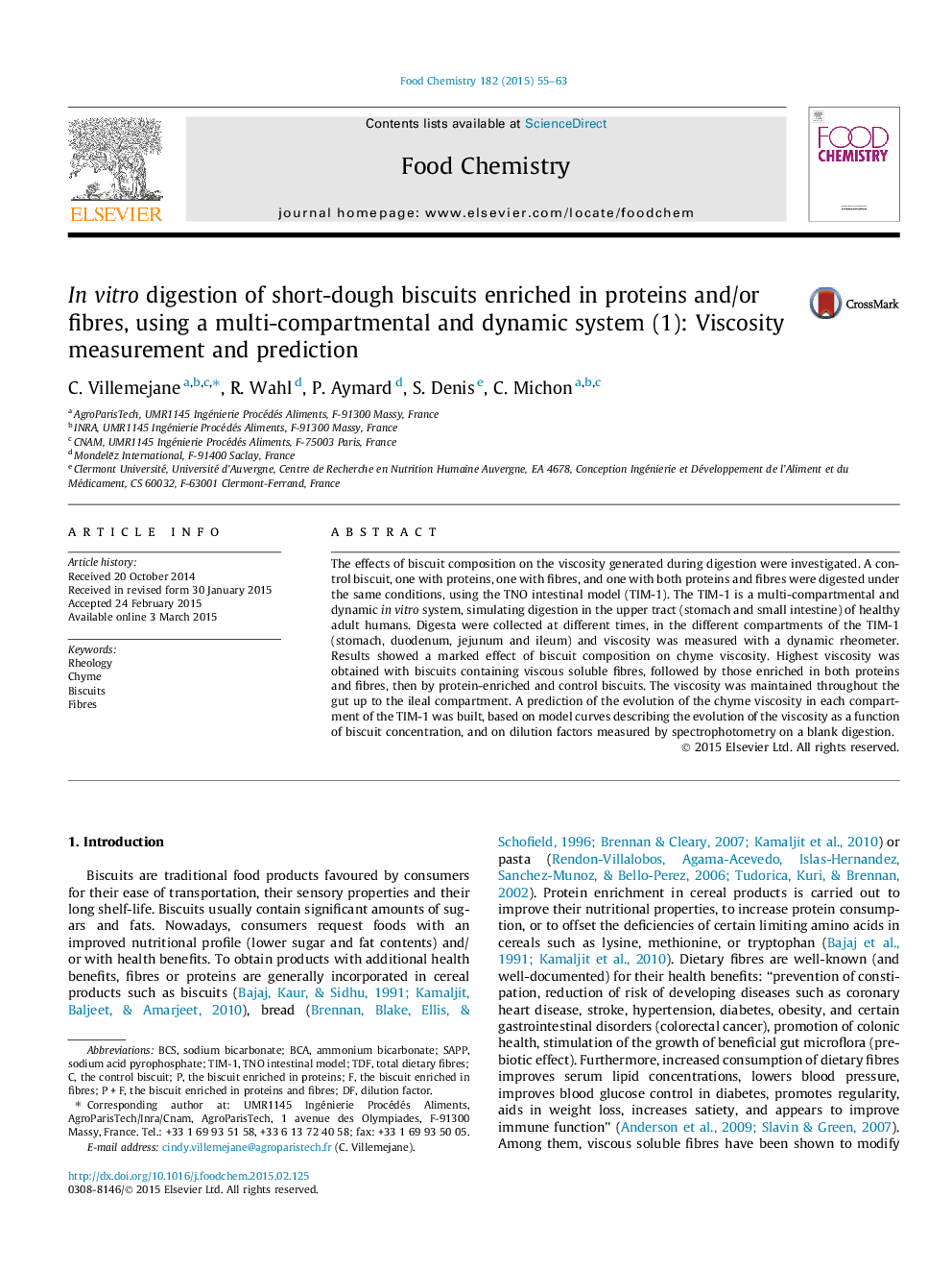 In vitro digestion of short-dough biscuits enriched in proteins and/or fibres, using a multi-compartmental and dynamic system (1): Viscosity measurement and prediction