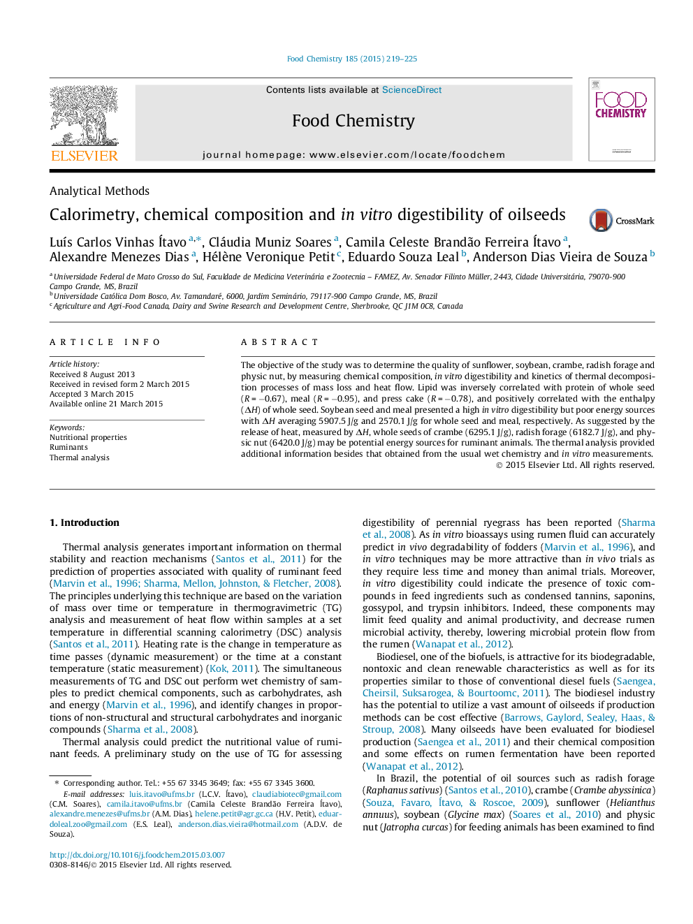 Calorimetry, chemical composition and in vitro digestibility of oilseeds