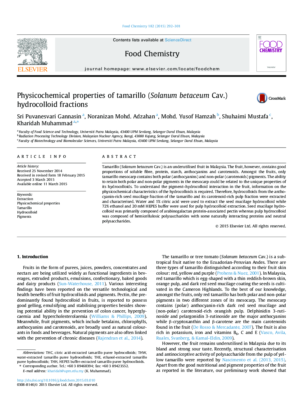 عکس صفحه اول مقاله: Physicochemical properties of tamarillo (Solanum betaceum Cav.) hydrocolloid fractions Physicochemical properties of tamarillo (Solanum betaceum Cav.) hydrocolloid fractions
