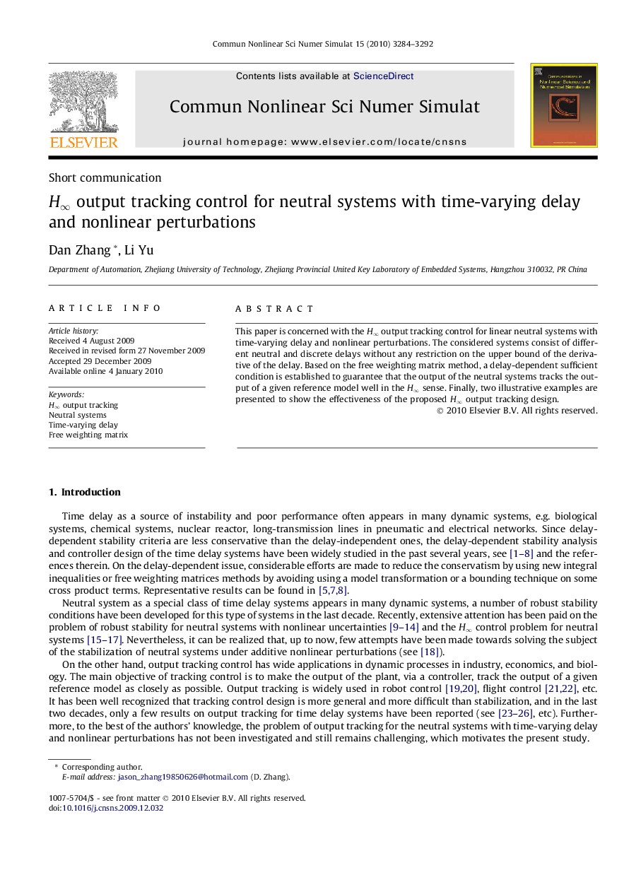 عکس صفحه اول مقاله: H∞H∞ output tracking control for neutral systems with time-varying delay and nonlinear perturbations H∞H∞ output tracking control for neutral systems with time-varying delay and nonlinear perturbations