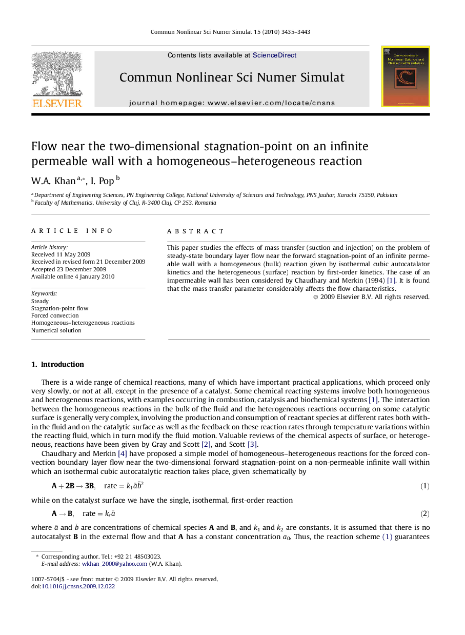 Flow near the two-dimensional stagnation-point on an infinite permeable wall with a homogeneous–heterogeneous reaction