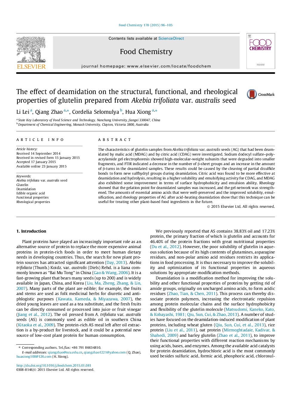 The effect of deamidation on the structural, functional, and rheological properties of glutelin prepared from Akebia trifoliata var. australis seed