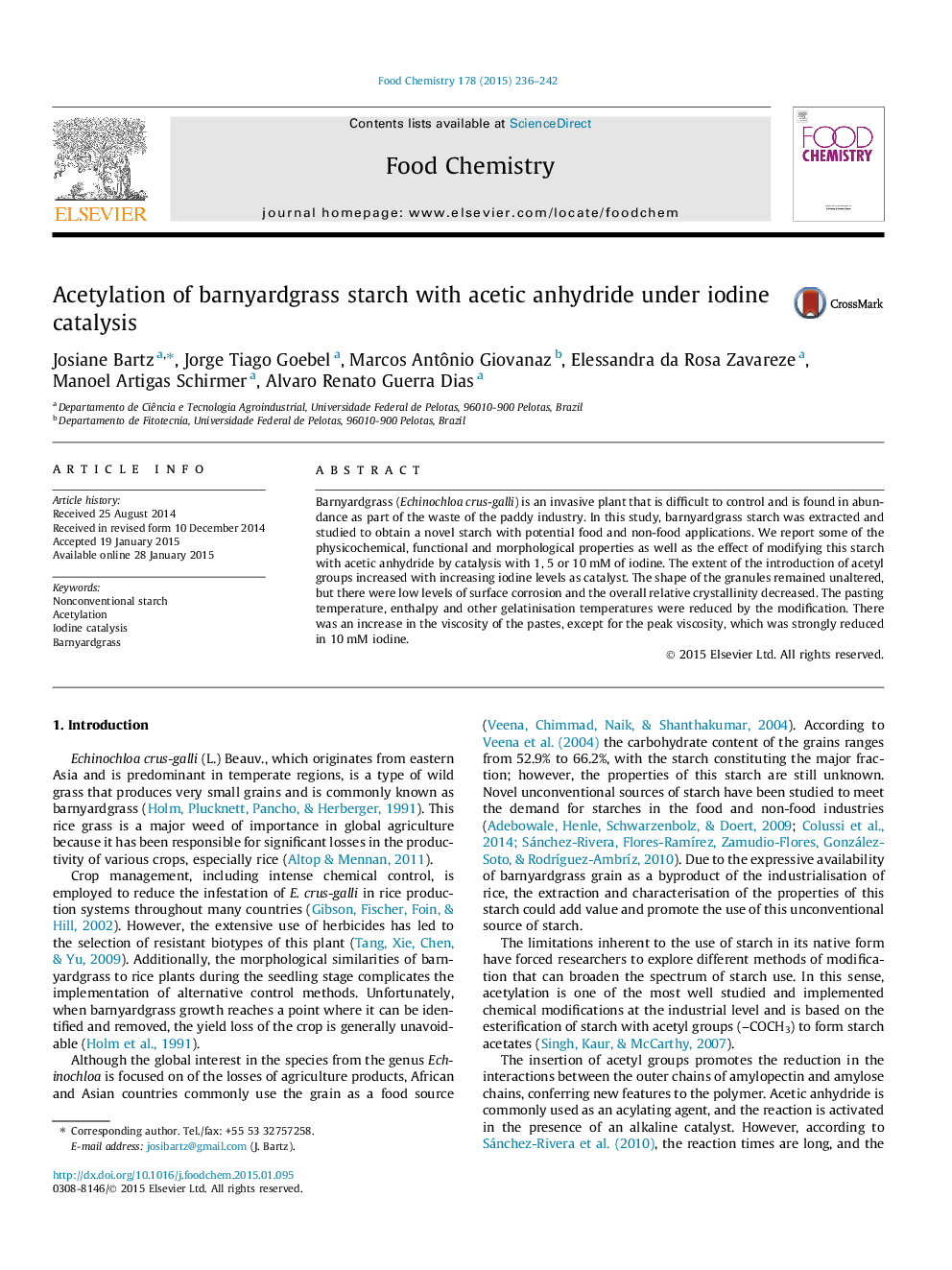 Acetylation of barnyardgrass starch with acetic anhydride under iodine catalysis