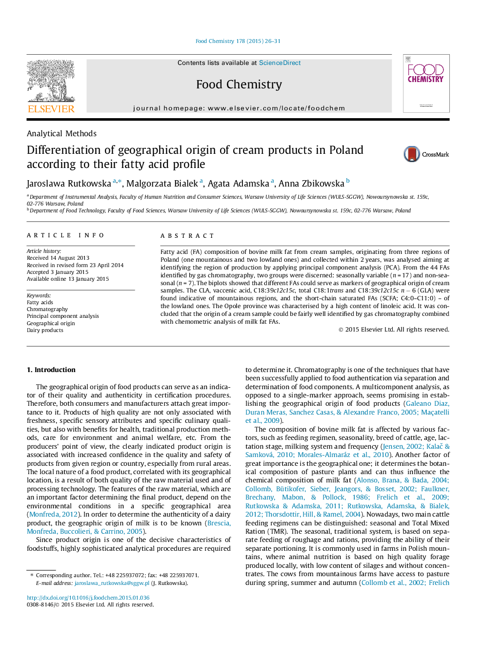 Differentiation of geographical origin of cream products in Poland according to their fatty acid profile