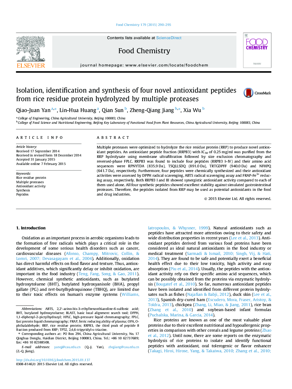 Isolation, identification and synthesis of four novel antioxidant peptides from rice residue protein hydrolyzed by multiple proteases