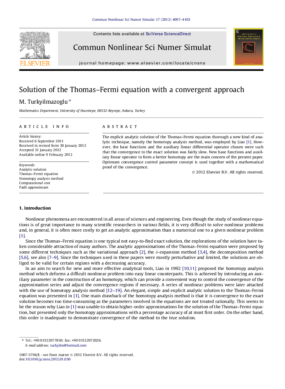 Solution of the Thomas–Fermi equation with a convergent approach