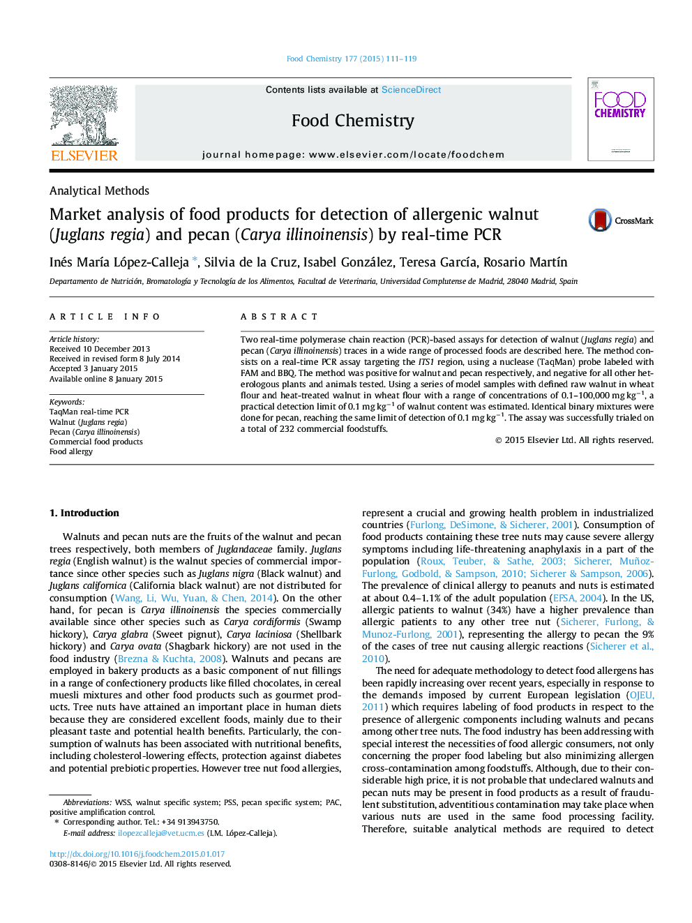 عکس صفحه اول مقاله: Market analysis of food products for detection of allergenic walnut (Juglans regia) and pecan (Carya illinoinensis) by real-time PCR Market analysis of food products for detection of allergenic walnut (Juglans regia) and pecan (Carya illinoinensis) by real-time PCR