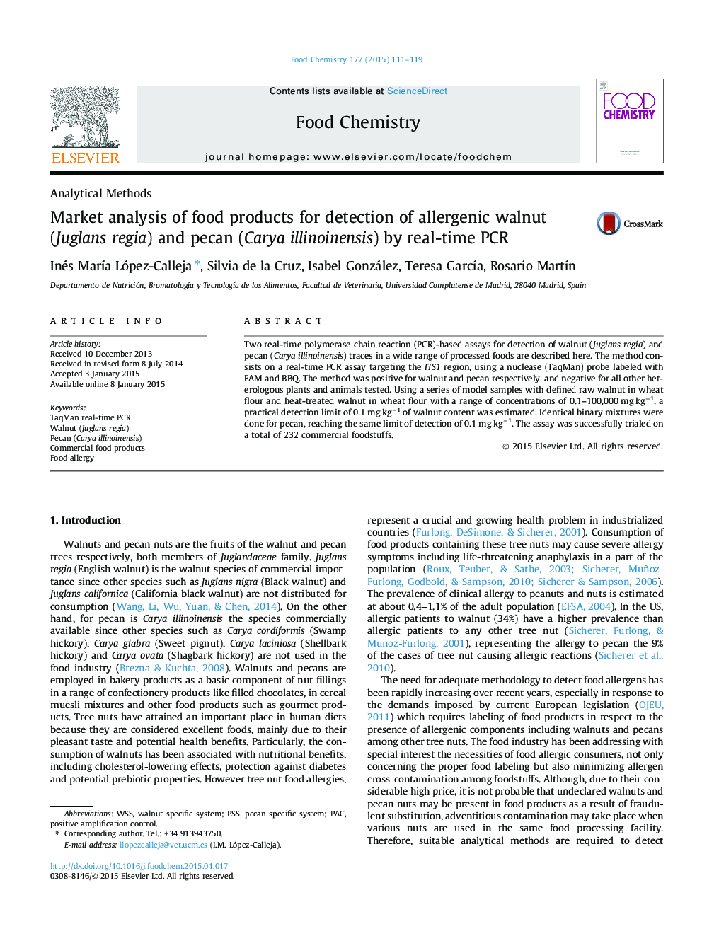 Market analysis of food products for detection of allergenic walnut (Juglans regia) and pecan (Carya illinoinensis) by real-time PCR