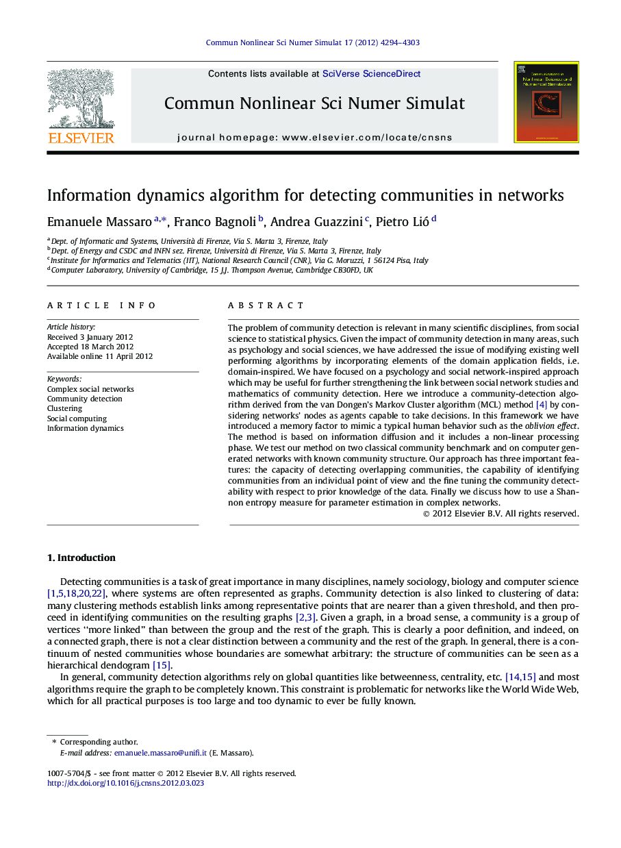 Information dynamics algorithm for detecting communities in networks