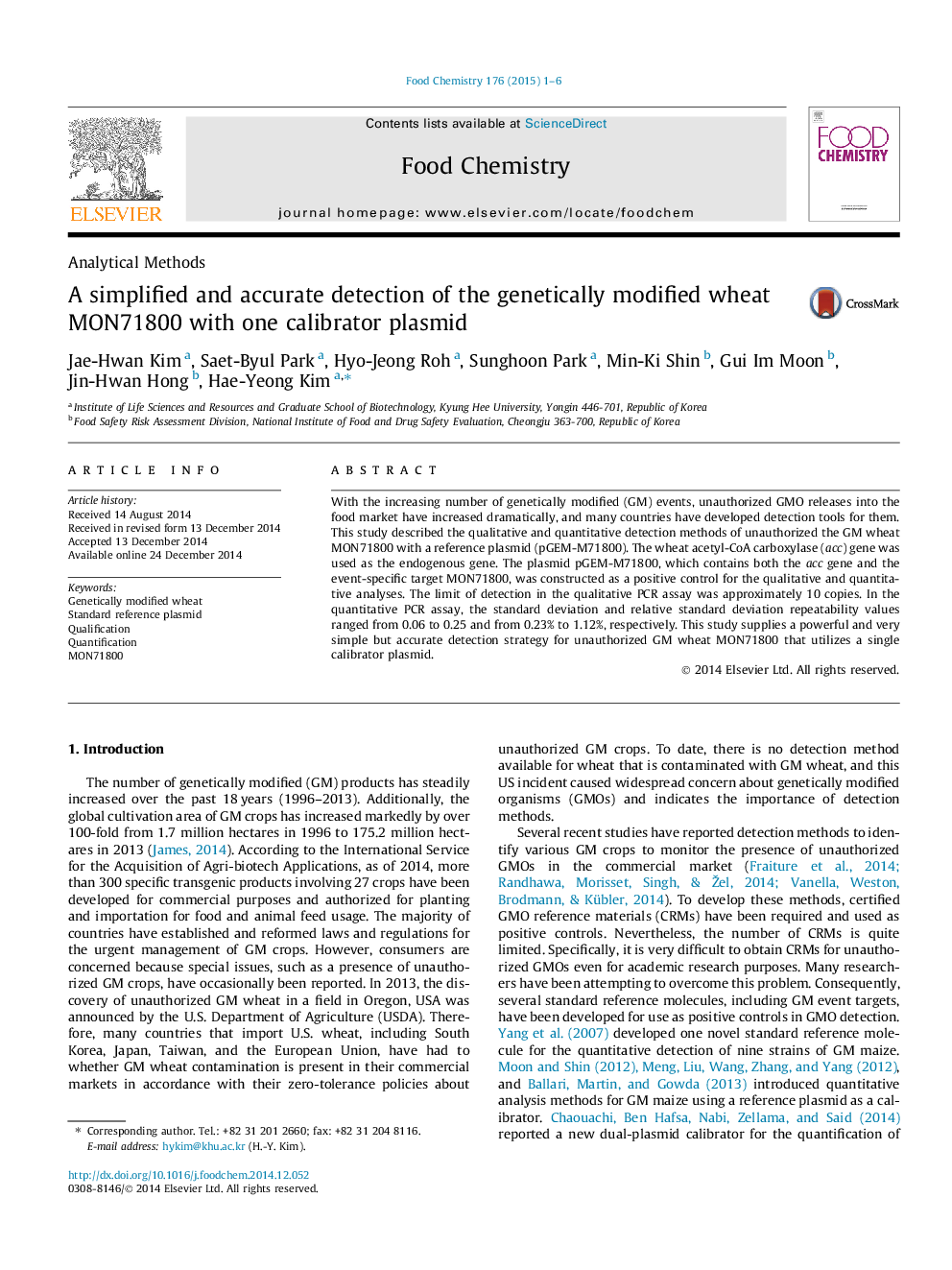 A simplified and accurate detection of the genetically modified wheat MON71800 with one calibrator plasmid