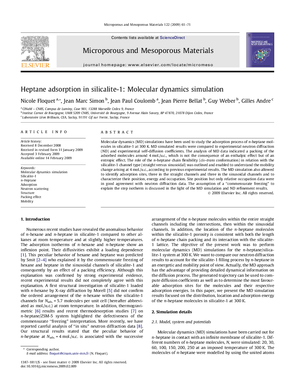 Heptane adsorption in silicalite-1: Molecular dynamics simulation