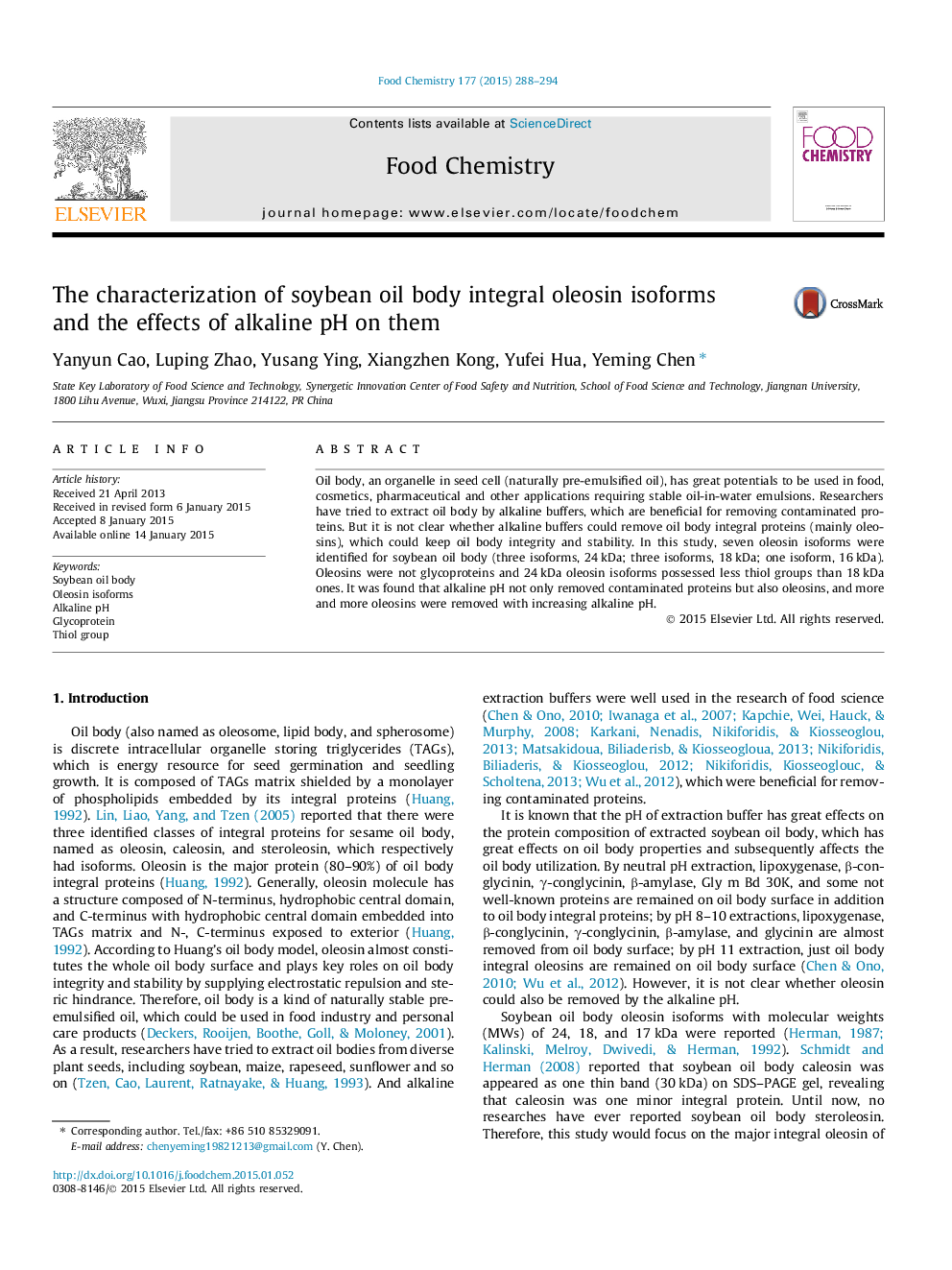 The characterization of soybean oil body integral oleosin isoforms and the effects of alkaline pH on them