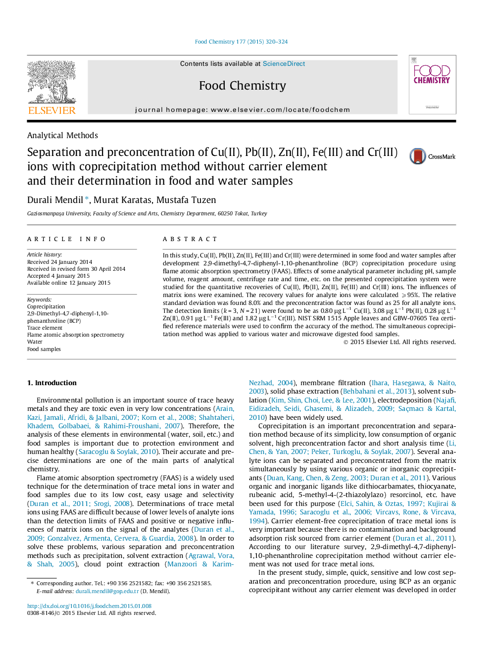 Separation and preconcentration of Cu(II), Pb(II), Zn(II), Fe(III) and Cr(III) ions with coprecipitation method without carrier element and their determination in food and water samples