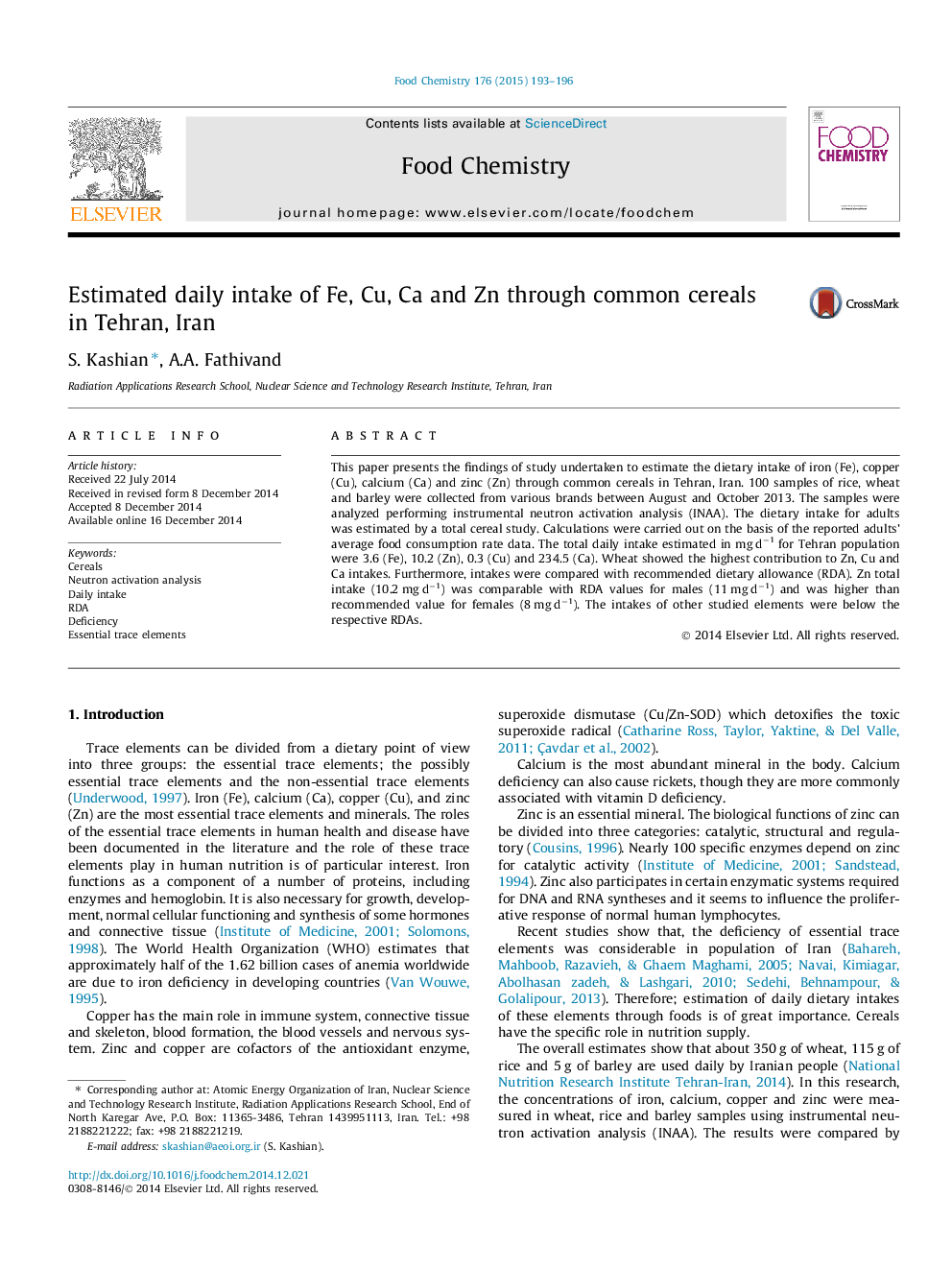 Estimated daily intake of Fe, Cu, Ca and Zn through common cereals in Tehran, Iran