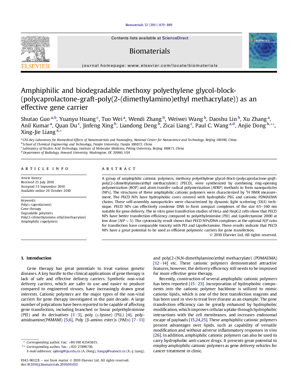 Amphiphilic and biodegradable methoxy polyethylene glycol-block-(polycaprolactone-graft-poly(2-(dimethylamino)ethyl methacrylate)) as an effective gene carrier