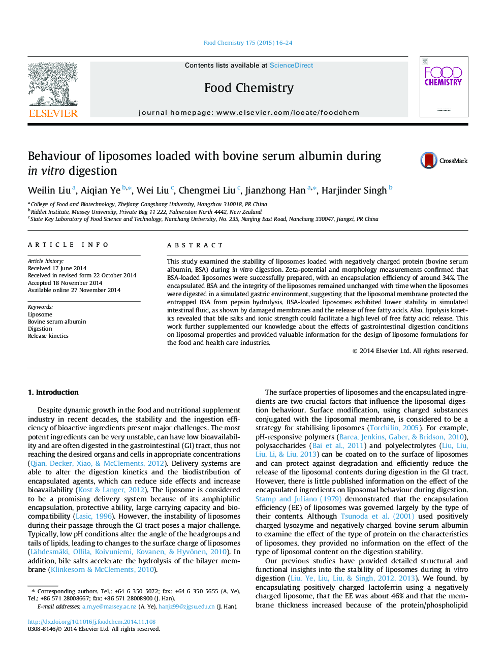 Behaviour of liposomes loaded with bovine serum albumin during in vitro digestion