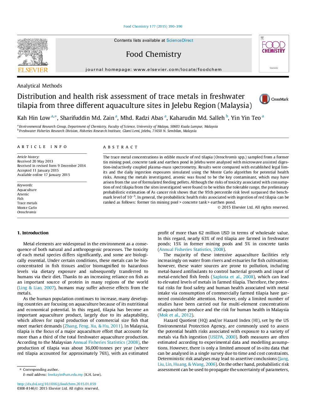 Distribution and health risk assessment of trace metals in freshwater tilapia from three different aquaculture sites in Jelebu Region (Malaysia)