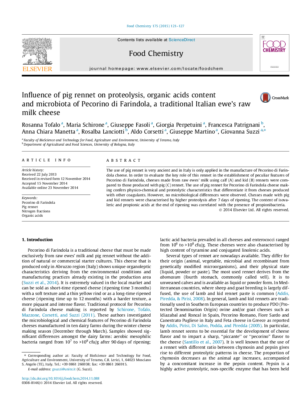 عکس صفحه اول مقاله: Influence of pig rennet on proteolysis, organic acids content and microbiota of Pecorino di Farindola, a traditional Italian ewe's raw milk cheese Influence of pig rennet on proteolysis, organic acids content and microbiota of Pecorino di Farindola, a traditional Italian ewe's raw milk cheese