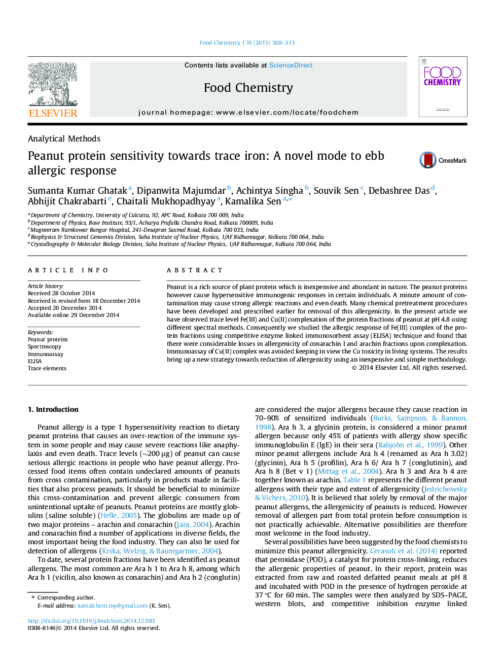 Peanut protein sensitivity towards trace iron: A novel mode to ebb allergic response