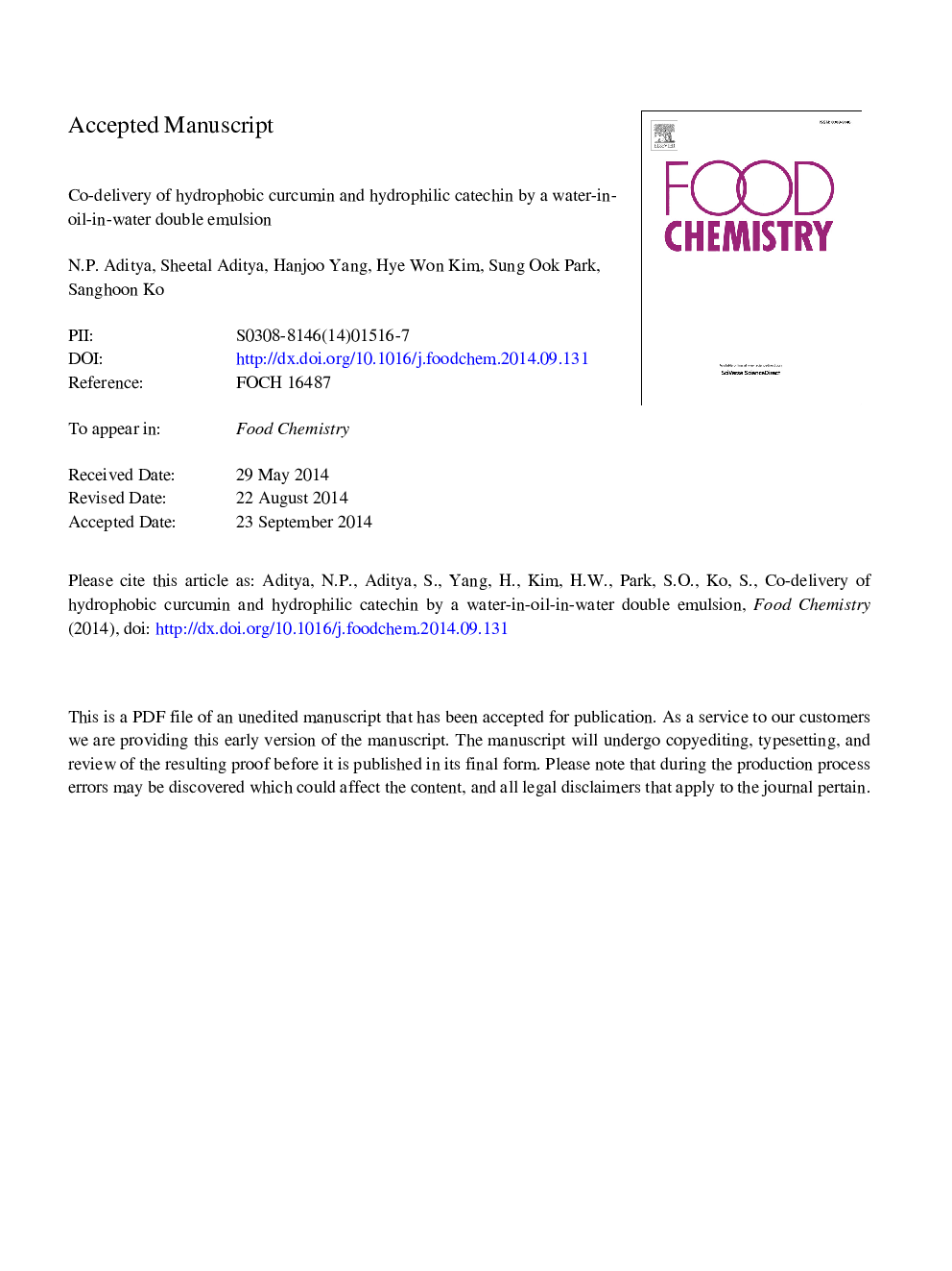 Co-delivery of hydrophobic curcumin and hydrophilic catechin by a water-in-oil-in-water double emulsion