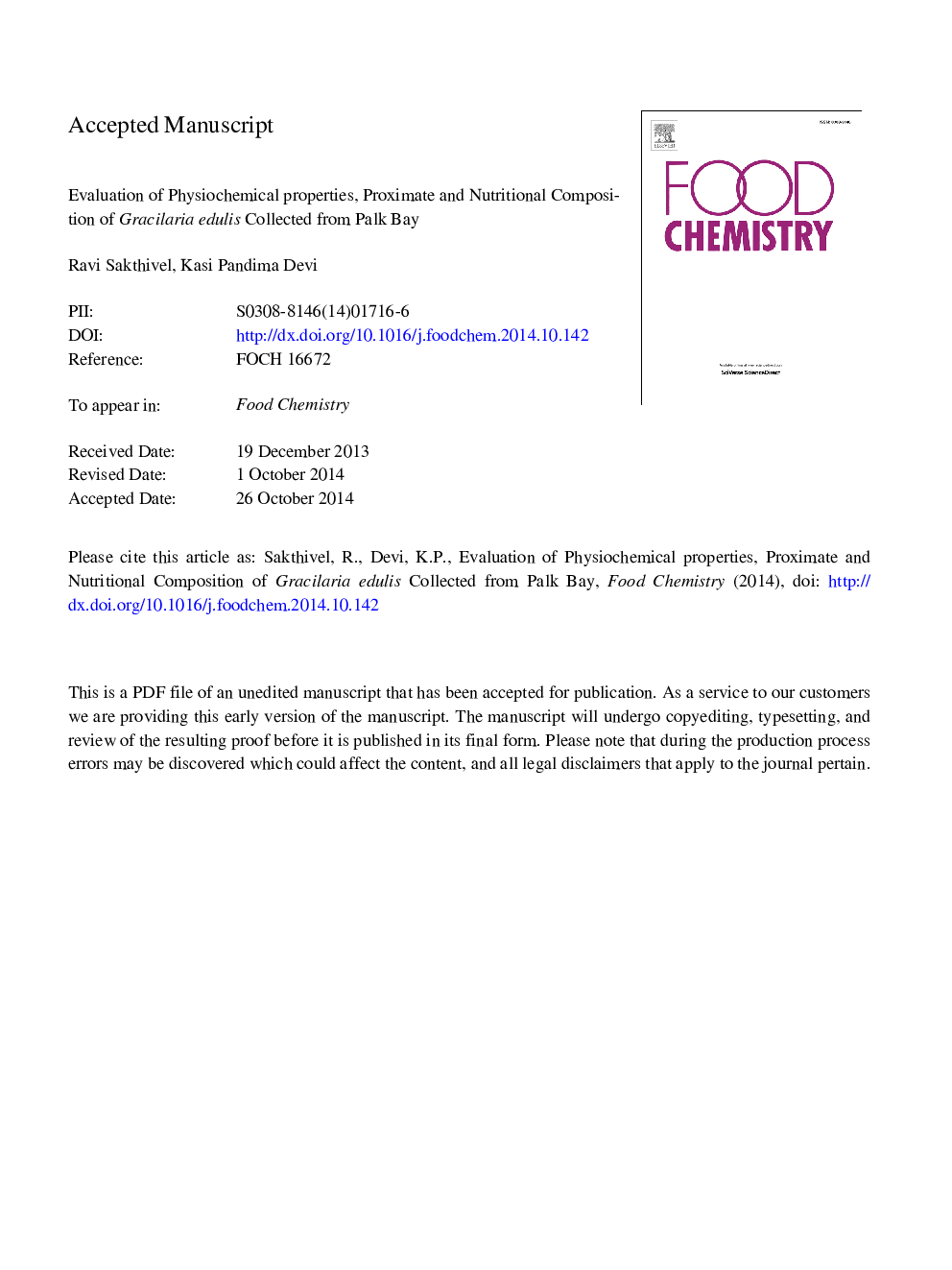 Evaluation of physicochemical properties, proximate and nutritional composition of Gracilaria edulis collected from Palk Bay