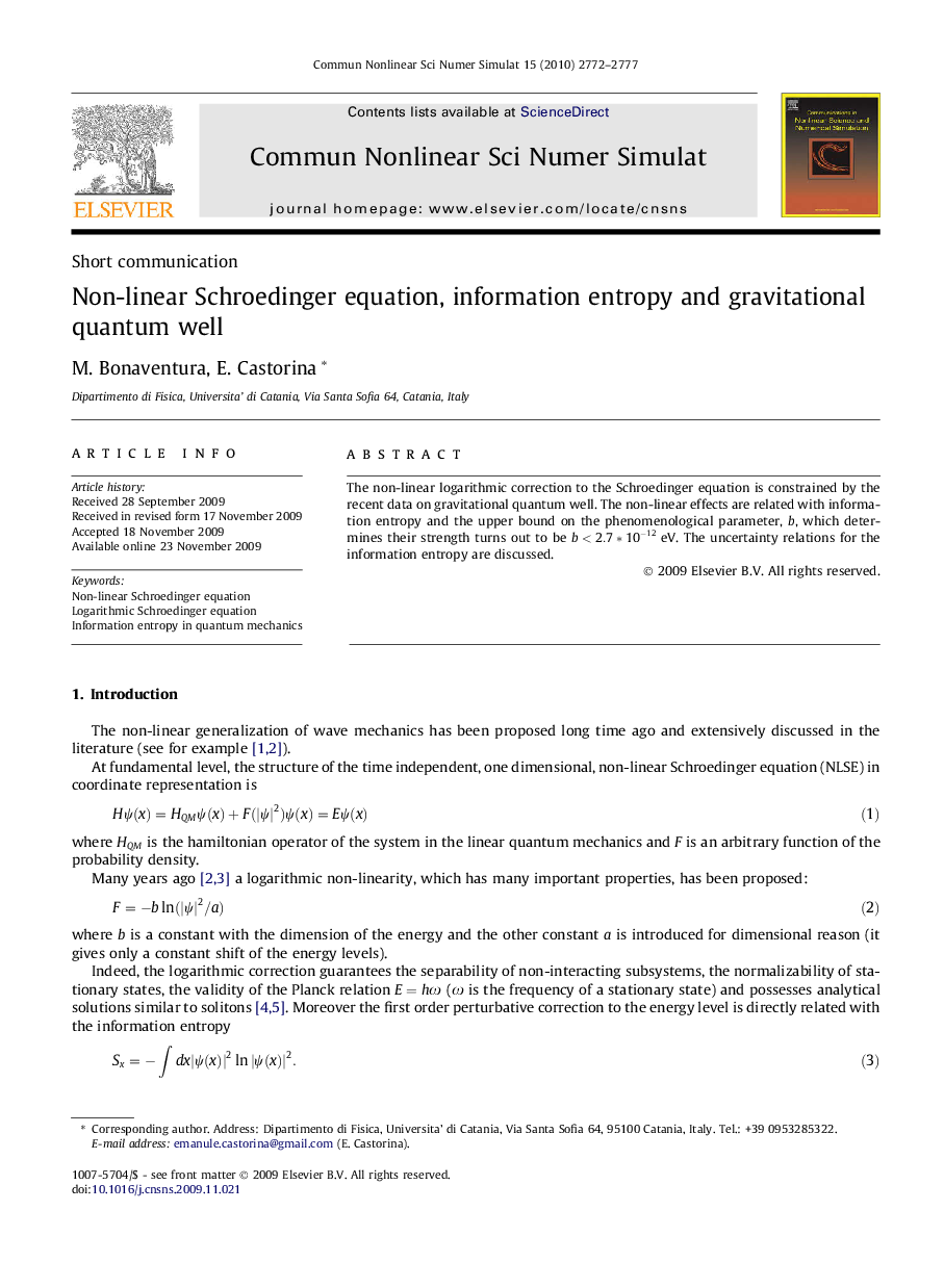 Non-linear Schroedinger equation, information entropy and gravitational quantum well