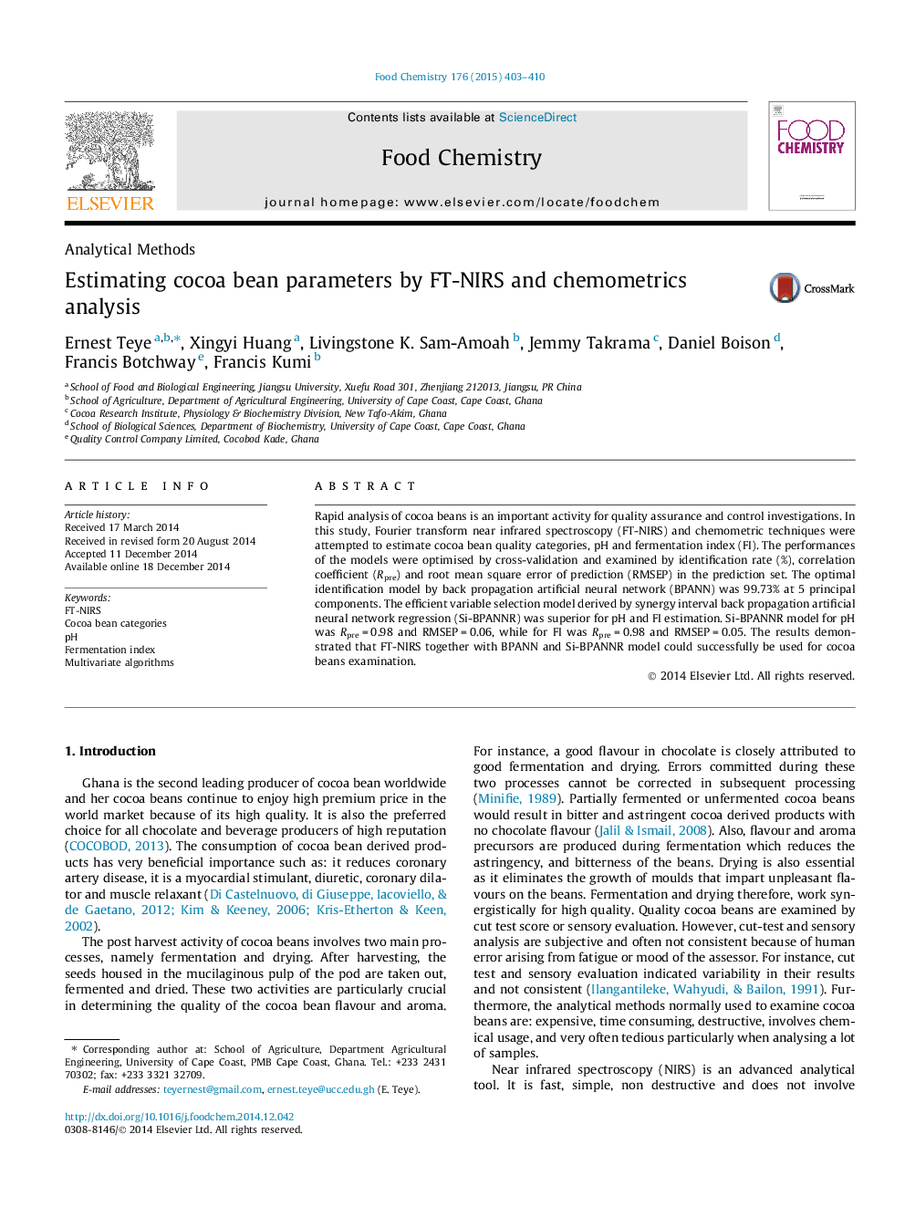 Estimating cocoa bean parameters by FT-NIRS and chemometrics analysis