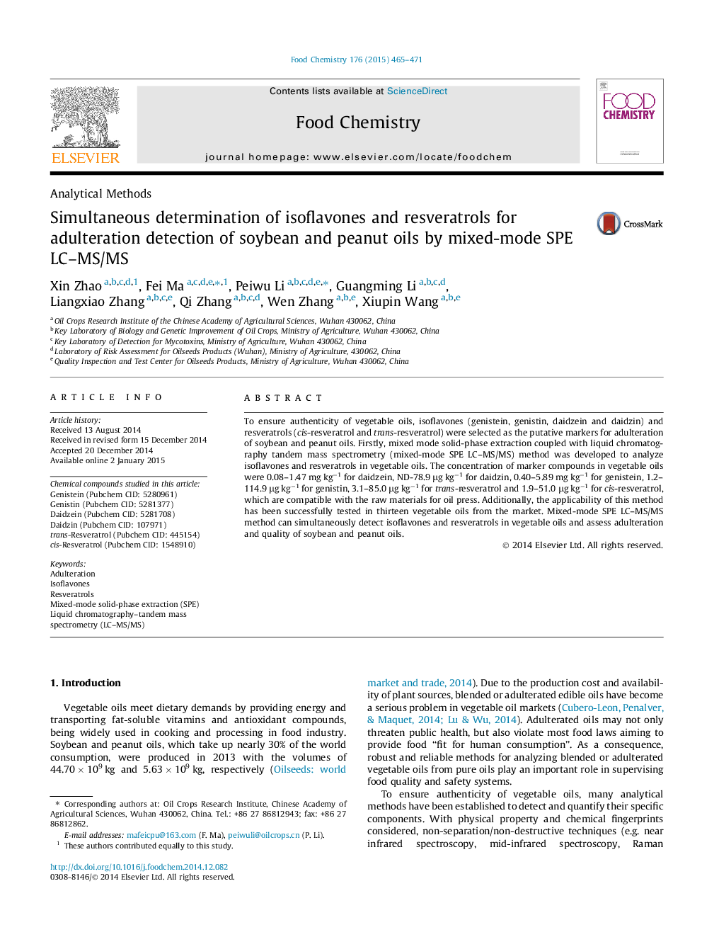 Simultaneous determination of isoflavones and resveratrols for adulteration detection of soybean and peanut oils by mixed-mode SPE LC-MS/MS