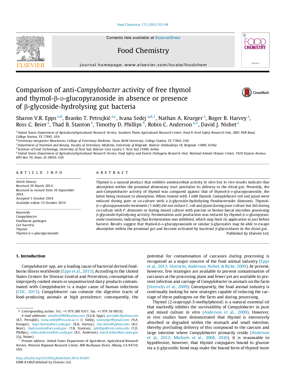 Comparison of anti-Campylobacter activity of free thymol and thymol-Î²-d-glucopyranoside in absence or presence of Î²-glycoside-hydrolysing gut bacteria