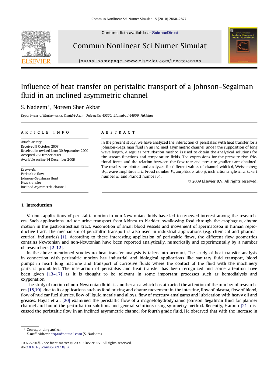 Influence of heat transfer on peristaltic transport of a Johnson–Segalman fluid in an inclined asymmetric channel